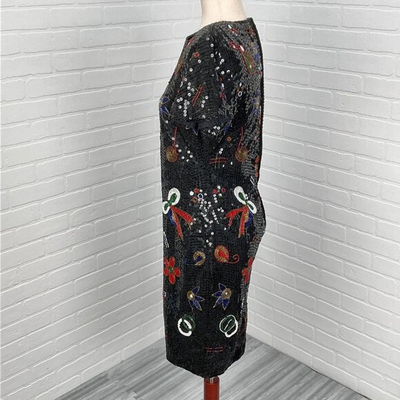 Unbranded Dress Women Medium Black Multi Floral Bow All Sequin Silk Christmas - Picture 3 of 10